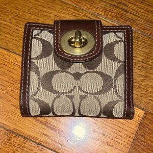 Coach Brown Signature Canvas Turnlock Bifold Wallet